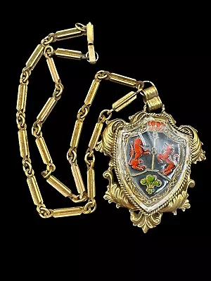 Vintage Intaglio Glass Heraldic Shield Pendant Necklace Enamel Gold Tone • $84.99