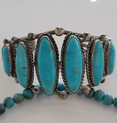 WOW! OLD PAWN Vintage NAVAJO Blue TURQUOISE & Sterling Row Bracelet • $191.38