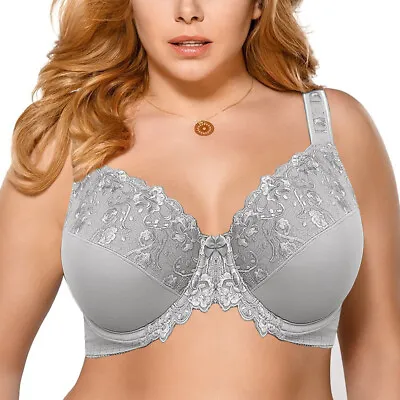 Women's Underwired Non Padded Bra Embroidery Lace Minimiser Full Coverage Bras • £10.78