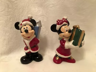 Disney Ceramic Mickey  & Minnie Mouse Christmas Salt And Pepper Shakers New • $35