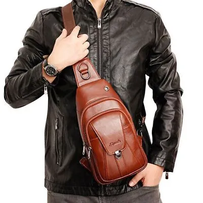 Men's Sling Backpack100% Genuine Leather Chest Bag Crossbody Bag Shoulder Bag • $35.71