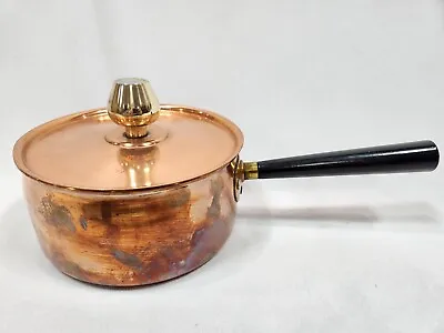 Vintage 2 Qt Copper Covered Sauce Pan + Lid Pot Quart Wood Handle Unbranded • $39.99