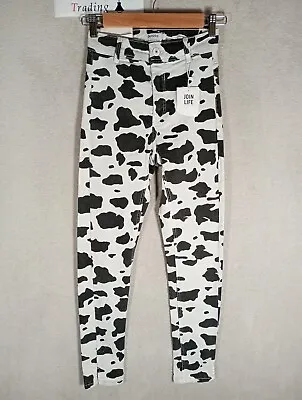 Bershka Jeans Womens Size UK 4 US 2 Cow Girl Print High Rise 28  Leg Brand New • £16.99