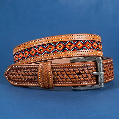 Beaded Western Belt Cowboy Rodeo Full Grain Leather Hand Tooled Removable Buckle • $44.99