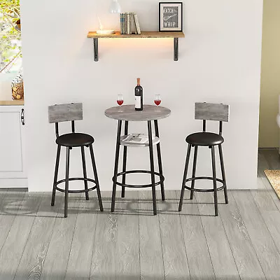 3Pcs Industrial Bar Table & Stool Set Dining Breakfast Table With 2 Chairs Grey • £64.99