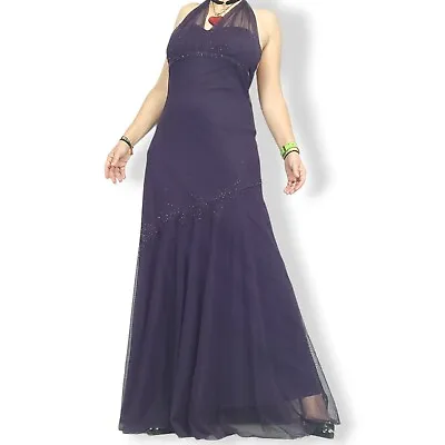 Liz Jordan Beaded Purple Evening Gown Ladies S 10 Prom Dress Fishtail Halter Y2K • $120