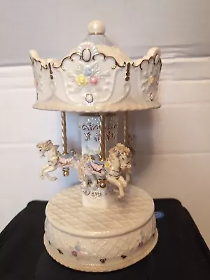 Vintage Pretty Ceramic 3 Horse Carousel Music Box / W/ Pink And Blue Flowers  • $20