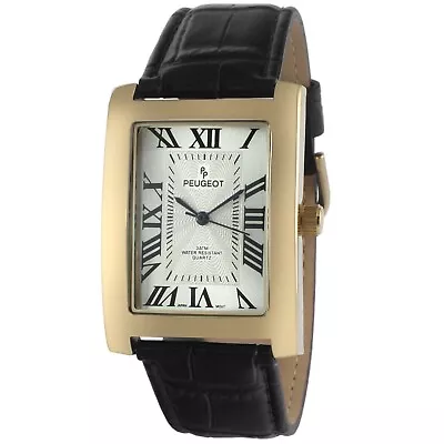 Peugeot 2051GBK Mens Vintage Rectangular 14K Gold Plated Leather Strap Watch • $69.99