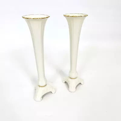 Vintage Lenox Bud Vases Set Of 2 Tall Cream With Gold Three Feet Legs 7.5  USA • $20.99