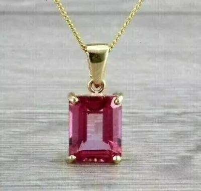 2Ct Emerald Lab-Created Pink Sapphire Solitaire Pendant 14K Yellow Gold Plated • $71.27