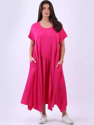MADE IN ITALY Dress Lagenlook Swing Asymmetric Cotton FUCHSIA Fit Size 14 To 20 • £28.95