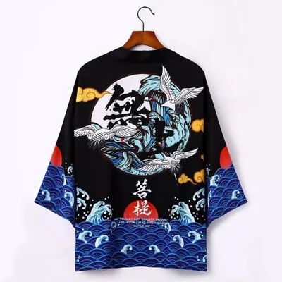 Mens Retro Japanese Crane Pattern Kimono Cardigan Coat Casual Yukata Top Fashion • £19.78