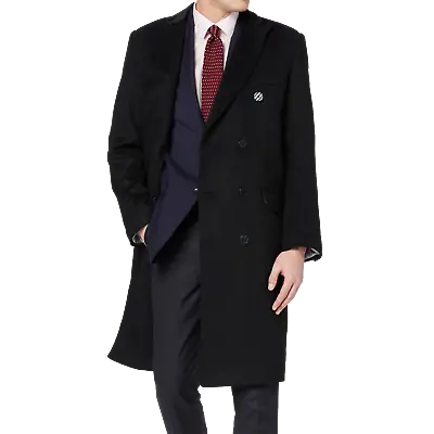 Mens Black Double Breasted 70% Wool Cashmere Long Overcoat Velvet Collar Winter • £139.99