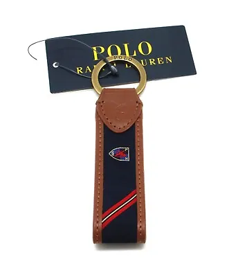 Polo Ralph Lauren Leather Trim W/Silk Crest Split O-Ring Key Chain Fob Navy/Tan • $29.95