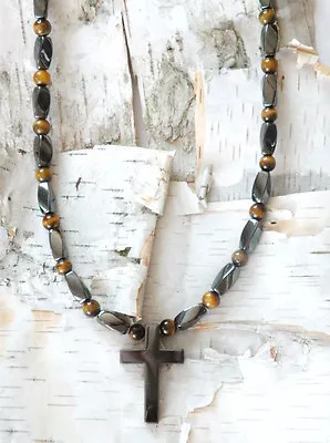 Magnetic Therapy Hematite 2 Sided Cross Necklace Tigers Eye • $46.54