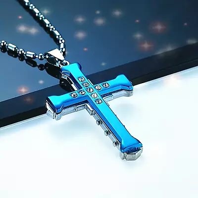 Titanium Steel Cross Pendant Necklace Zircon Inlaid For Men Classic Jewelry • $9.97