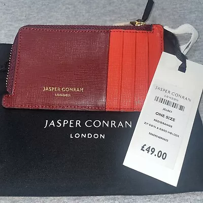 JASPER CONRAN Ladies Fine Leather Red / Orange Zip Coin Card Holder NEW RRP £49 • £12.95