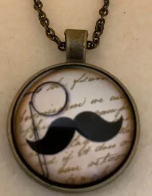 Moustache Monocle Bronze Tone FUN Jewelry Necklace Chain Glass Domed Pendant 1  • $4