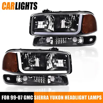 LED DRL Black Headlights W/ Bumper Signal Lamps Fit For 1999-07 GMC Sierra Yukon • $76.36