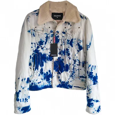 DSQUARED2 Jean Jacket Tie Dye Faux Shearling Lined Blue Size 48 - RP £1075.00 • $719.90