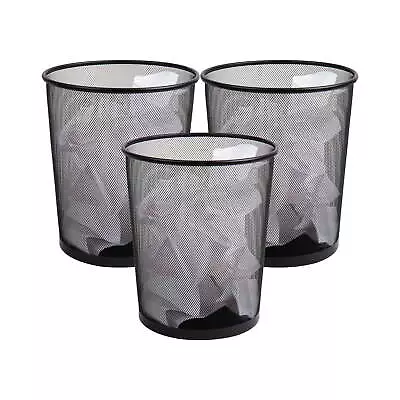 Mesh Trash Can Set Of 3 Waste Paper Basket Round Office Metal Mesh  Black • $29.99