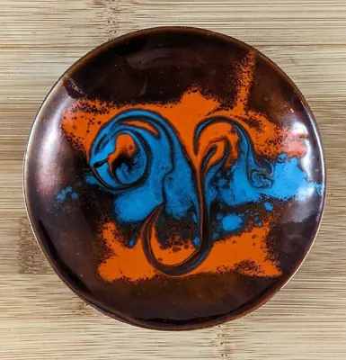 Vintage Small Enamel On Copper Plate - Orange And Turquoise • $22