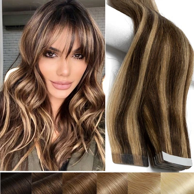 £26.08 • Buy Russian Tape In 100% Remy Human Hair Extentions Skin Weft Full Head Highlight UK