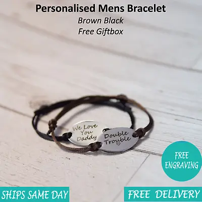 Brown Black Christmas Gift Steel Mens Rope Personalised Engraved Bracelet • £14.39