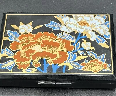 Vintage Hard Plastic Black Travel Jewelry Earring Box Mirror Floral Design 6x4” • $8.97