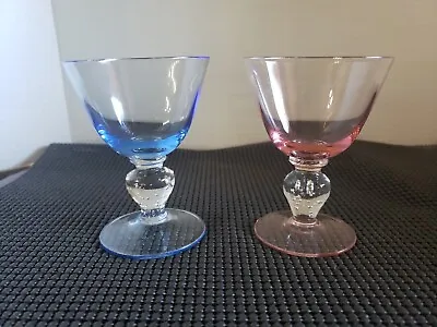 2 Vintage Tinted Glasses Blue Pink Goblet Stemmed Controlled Bubbles  • $22