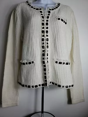 CAbi Style #284 Gabrielle Off White Knit Waffle Texture Embellished Sweater Sz L • $31