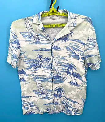 Zara Linen Shirt Mens Large Blue Button Up Short Sleeve Floral Beach Vacation • $29.99