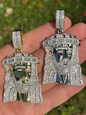 Men's Large 925 Silver Gold Plated Jesus Piece Iced Hip Hop Necklace Baguette CZ • $109.60