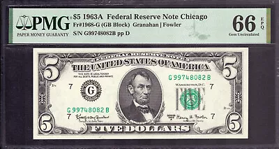 1963 A $5 Federal Reserve Note Chicago Fr.1968-g Gb Block Pmg Gem Unc 66 Epq • $44.99