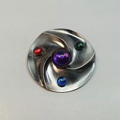 Large Brooch Gunmetal Tone Pinwheel Wavy W/ Colored Cabochons • $6.99