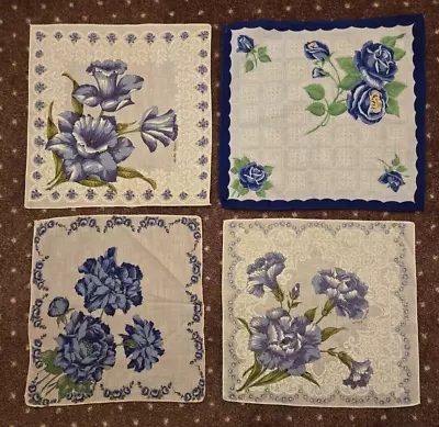 4  Vintage FLORAL HANKIES Blue Flowers Cotton Roses Peonies Carnations 12-13  • $11.95