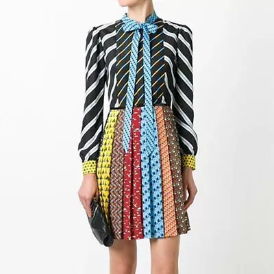 Mary Katrantzou Knight Tie Neck Animal Print Pleated Dress Striped US8 UK 12 • $279