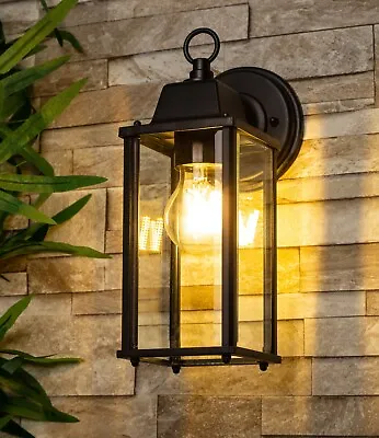 £24.99 • Buy CGC Black Coach Lantern Wall Light Outdoor Glass Bevel Garden Retro Lamp Vintage