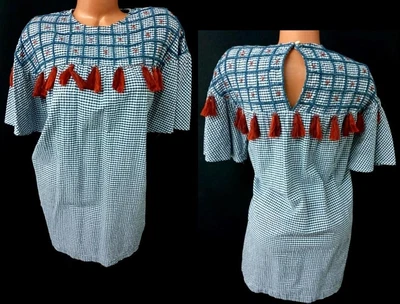 $14.99 • Buy Zara Blue Embroidered Tasseled Scoop Neck Gingham Short Sleeve Tunic Top XS