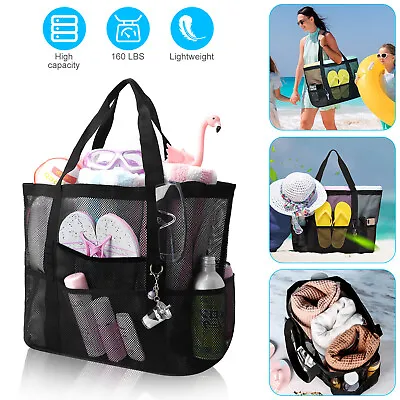 Women's Large Beach Mesh Bag Carry Picnic Tote Foldable Shopping Zipper Handbag • $12.48