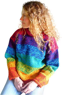 Fair Trade Ethnic Rainbow Wool Jumper Hippy Boho Festival S TO 5XL • £42.99