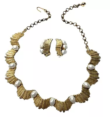 VINTAGE  BSK BABY TOOTH FAUX PEARL GOLD TONE RIBBON Demi Parure Ears + Necklace • $39