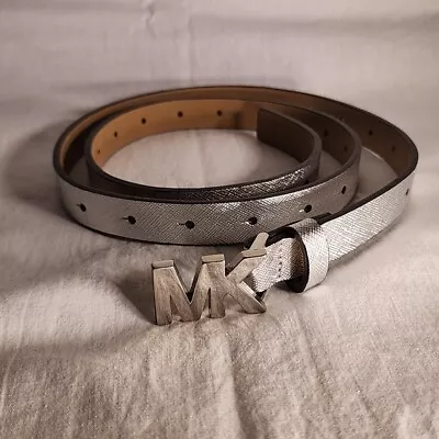 Michael Kors Genuine Leather Silver Belt - New - Thin MK Logo - Women 42  • $18.97