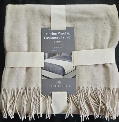 The Threadery Merino Wool & Cashmere Fringe Oversized Throw Blanket In Ivory • $142.45