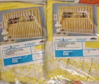 Vintage 70s WOOLWORTH Set Of 2 Yellow Eyelet Lace Swag Curtains 60 X 38  • $29.99