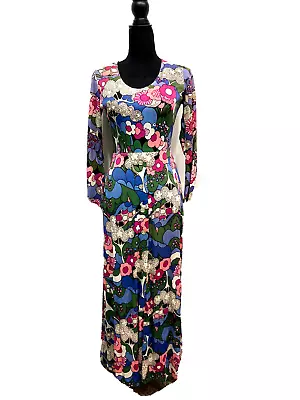 VTG 70s Byer Of California Maxi Dress Small Floral Groovy Long Sleeve Hippy • $71.25