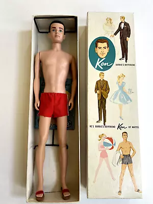 Vintage Barbie KEN DOLL Brunette Flocked Hair W/ Box Stand Shorts Sandals • $180