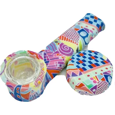 $7.99 • Buy Silicone Smoking Pipe With Glass Bowl & Cap Lid | Geometric Pastel