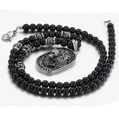 Men's Vintage Stainless Steel Lion Head Shield Pendant Onyx Beads Chain Necklace • $20.22
