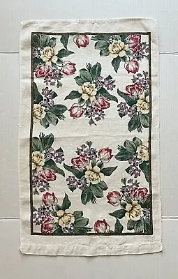 Vintage Linen Kitchen Tea Towel Colorful Spring Summer Floral Bouquets Off White • $12